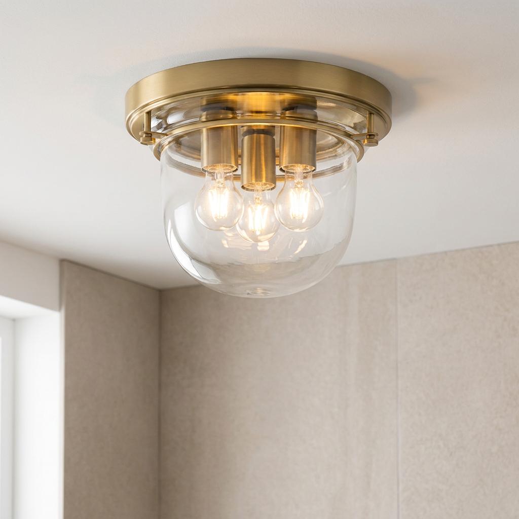 A three-light brass ceiling flush mount with a clear glass dome shade, illuminated in a neutral bathroom.