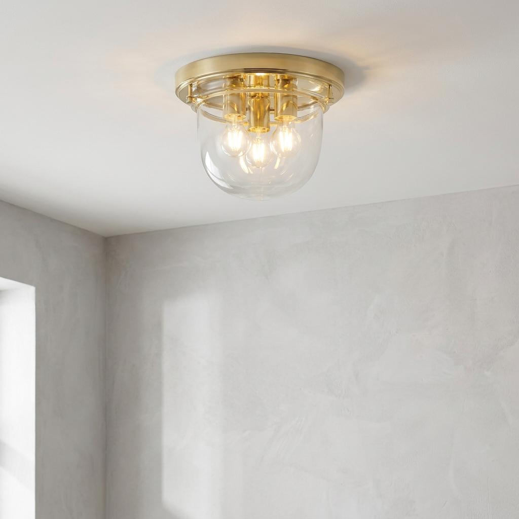 Three-light polished brass flush mount ceiling fixture with a clear glass dome bowl in a modern room.