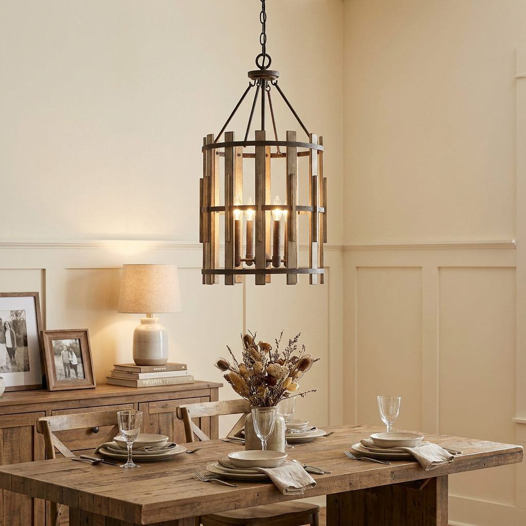 Quoizel Wood Hollow 4-light black chandelier with wooden slats hanging over a rustic dining table set for a meal.