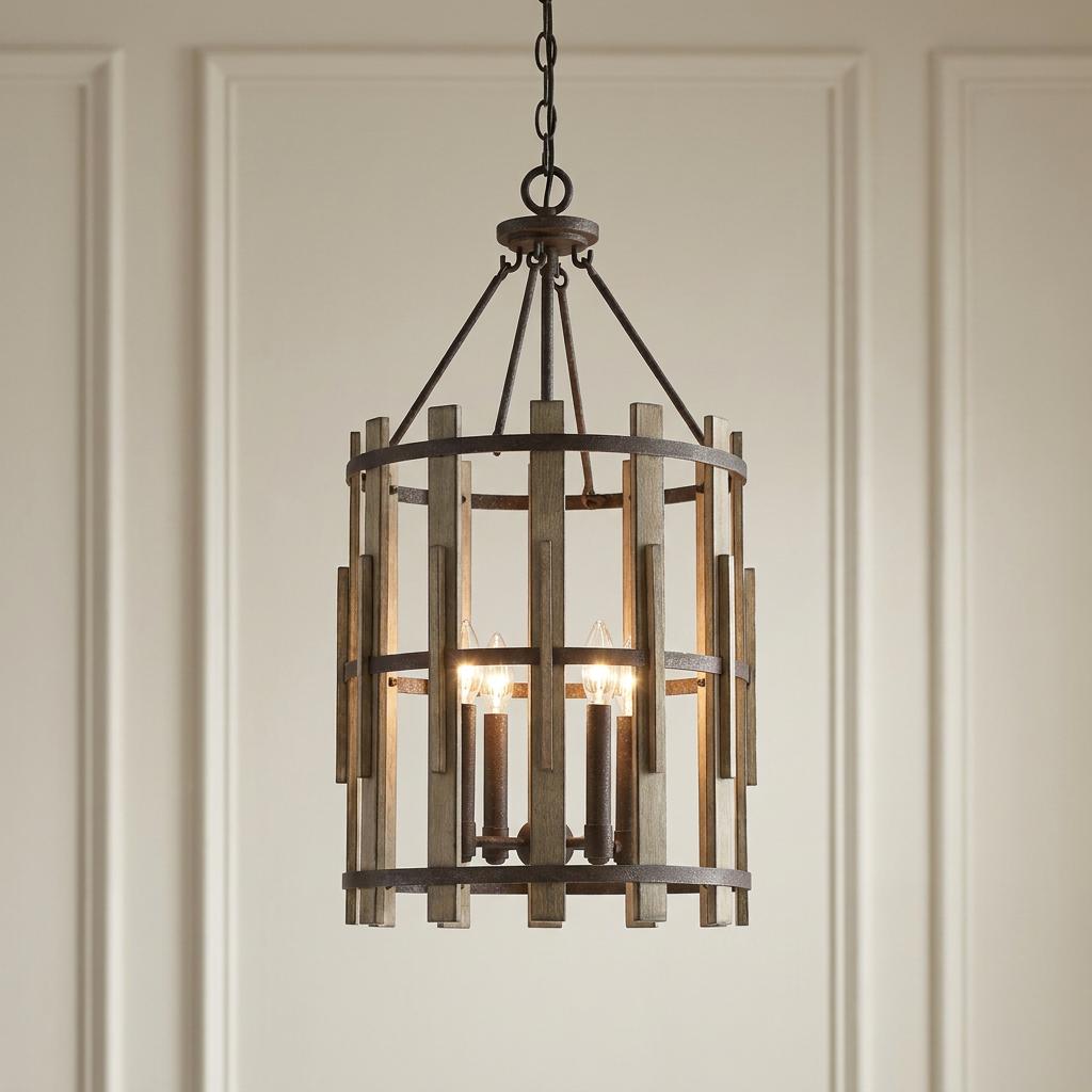 Rustic chandelier featuring vertical wood slats and a dark metal frame with four glowing candle bulbs.
