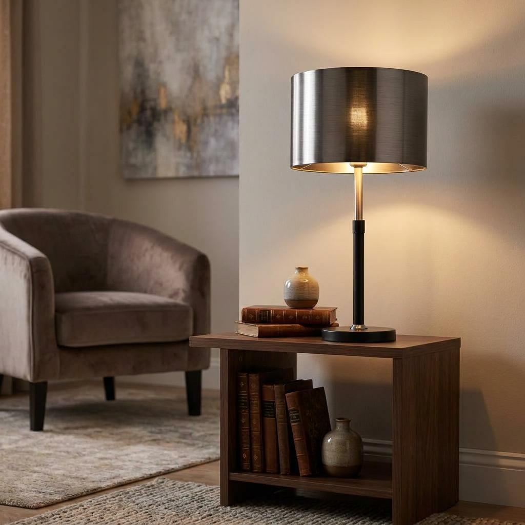 Rachel Black and Chrome Table Lamp with a brushed metal shade lit on a wooden side table in a cozy living room.