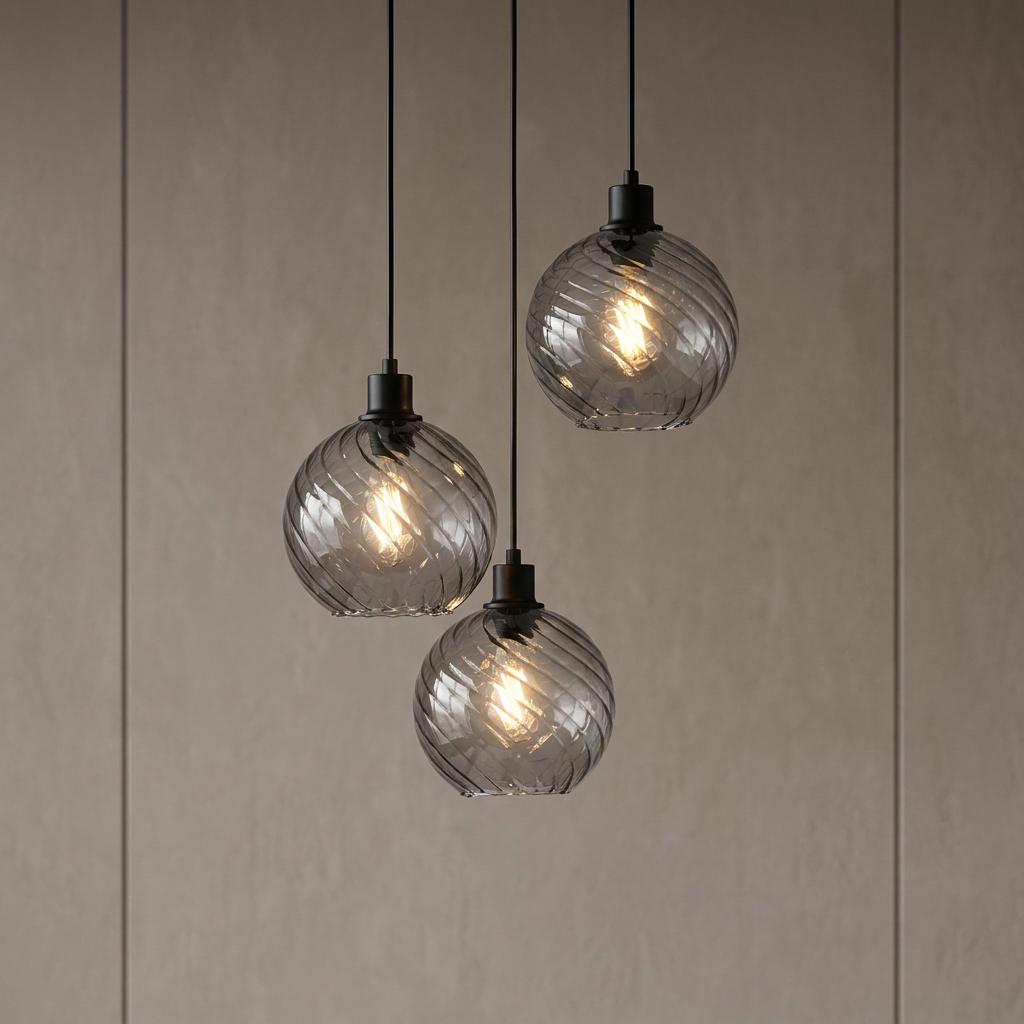 Trio of smoked swirl glass globe pendants hanging at staggered heights against a minimalist paneled wall.
