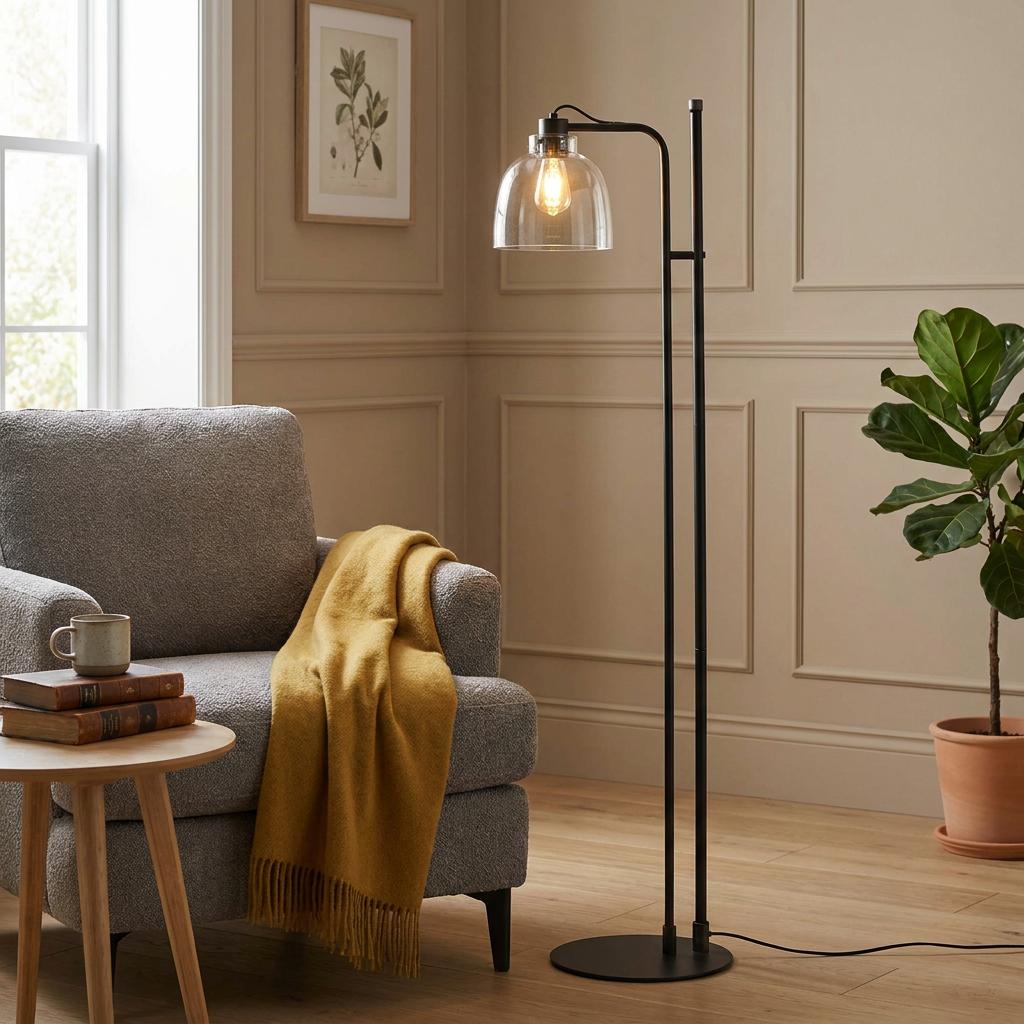 Industrial black floor lamp with a clear glass shade next to a grey armchair in a modern living room.
