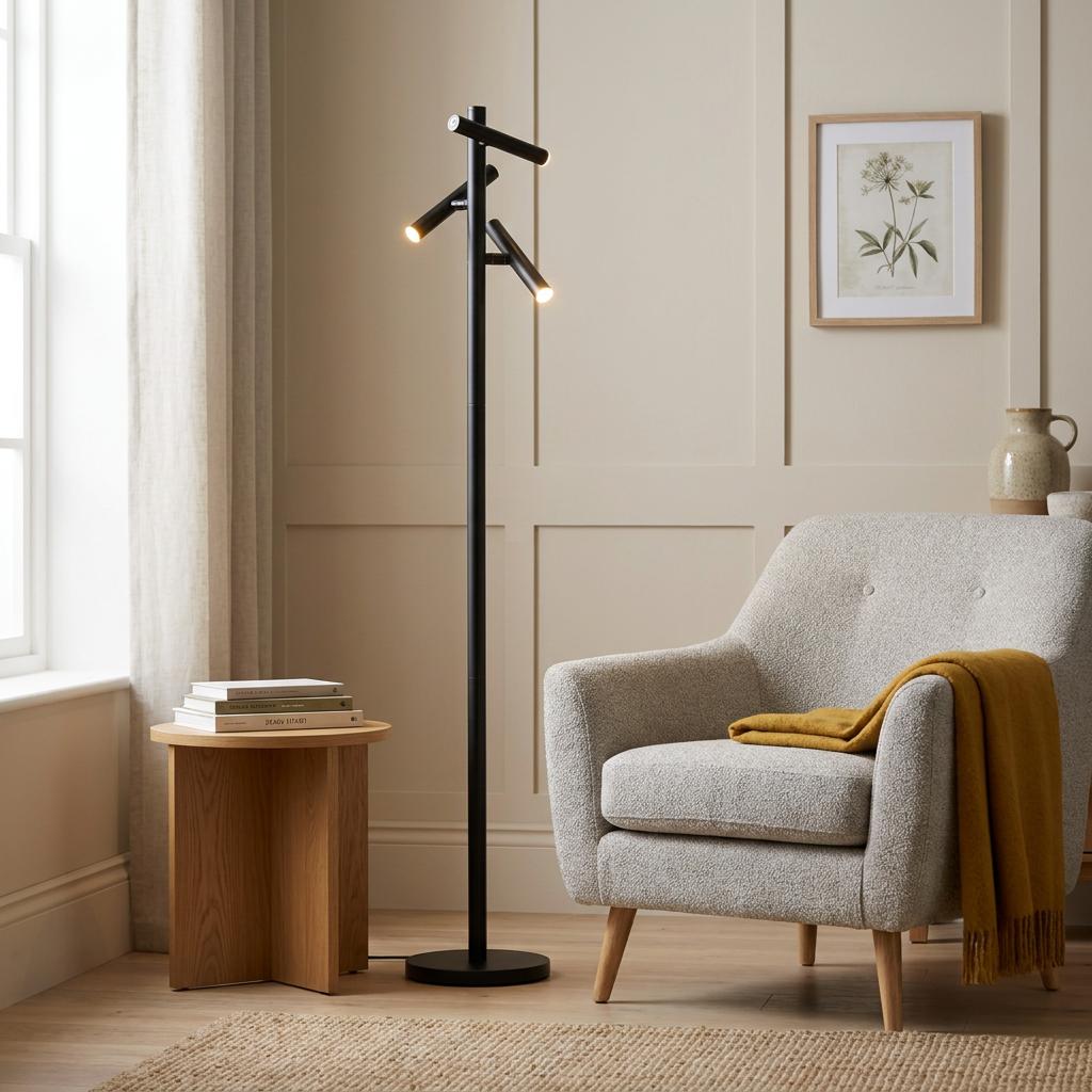 Black metal floor lamp with three adjustable spotlights beside a gray armchair in a modern living room.