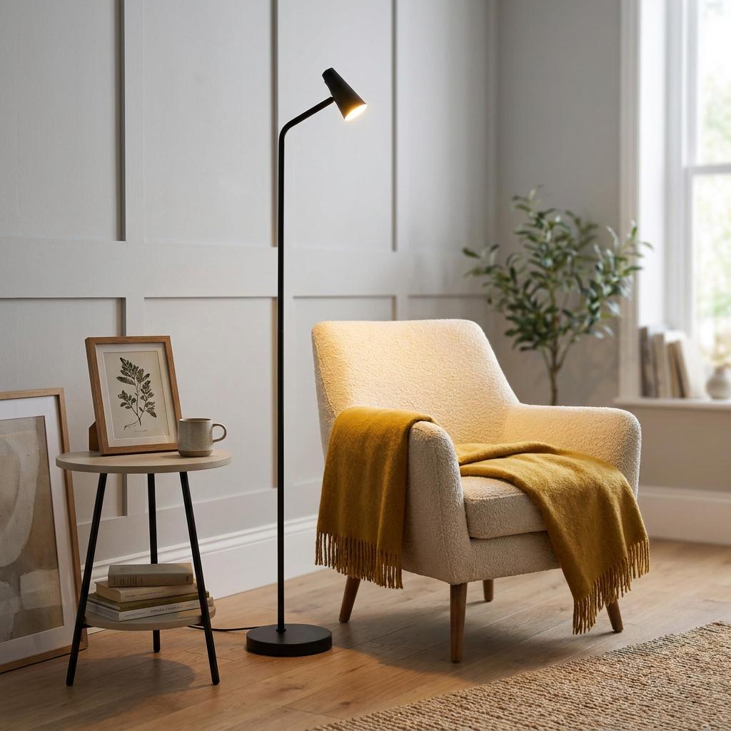 Sleek matt black floor lamp illuminating a white armchair with a mustard yellow throw in a cozy living room.