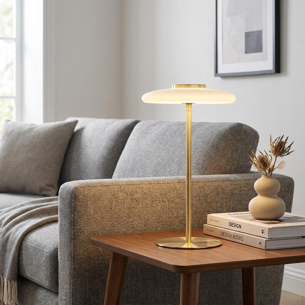 A modern brass table lamp with a glowing disc-shaped shade sits on a wooden end table in a living room.