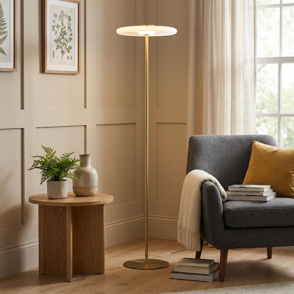 Satin brass floor lamp with a flat LED disc shade standing by a gray armchair in a modern paneled living room.
