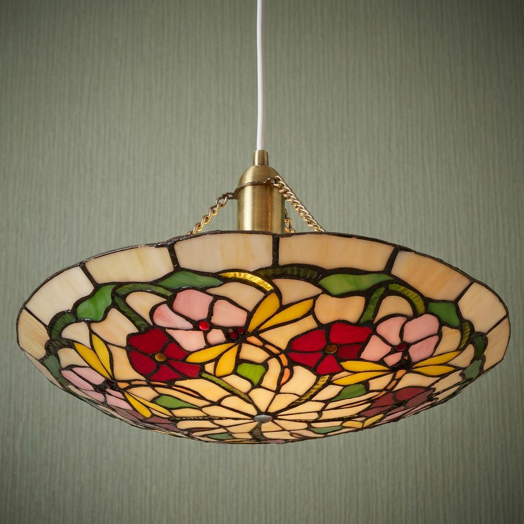 Tiffany-style pendant lamp shade featuring red and pink flowers with yellow dragonflies on a brass fixture.