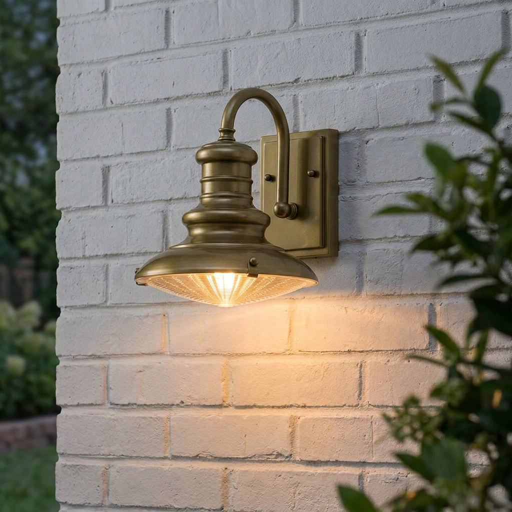 Antique brass outdoor wall lantern with a prismatic glass lens glowing against a white brick wall.