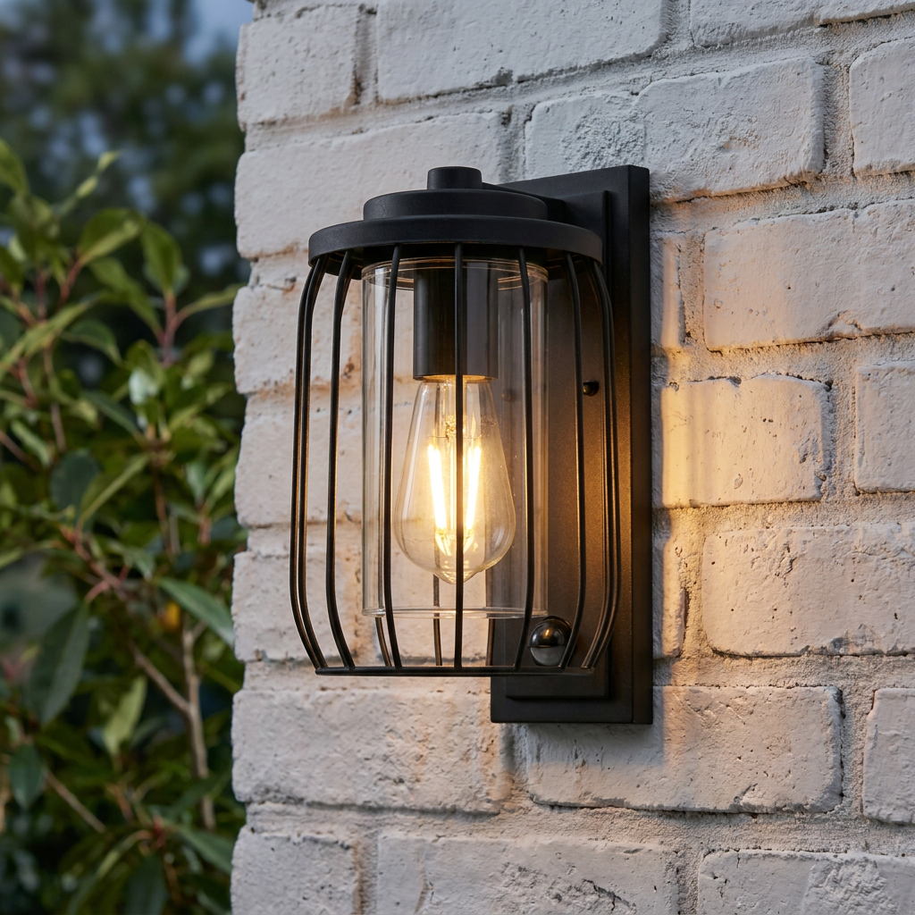 A black metal cage PIR wall light with a lit Edison bulb mounted on a white brick wall.