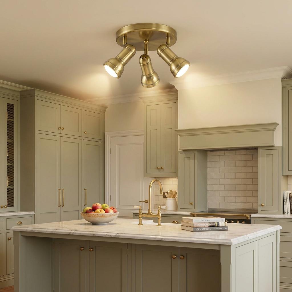 Antique brass 3-light adjustable spotlight fixture on a kitchen ceiling above a marble island.