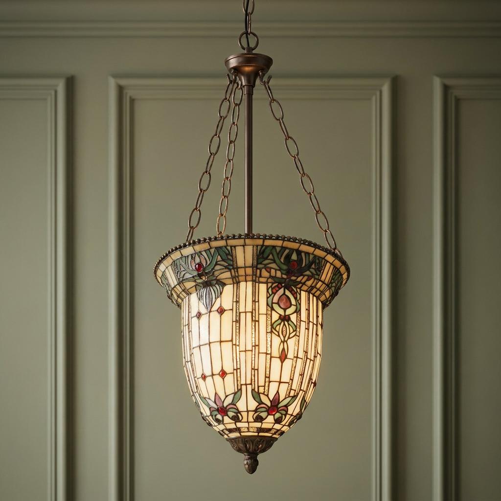 Regency Long Inverted Tiffany Ceiling Light with colorful stained glass patterns against a green paneled wall.
