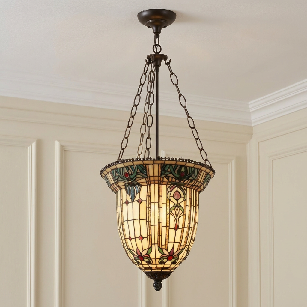 Regency Long Inverted Tiffany Ceiling Light with floral stained glass hanging against a paneled wall.