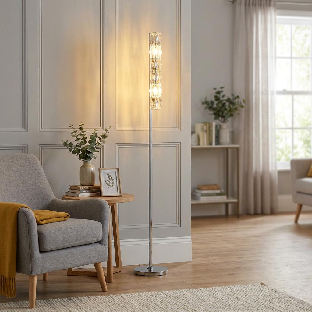 Remy Modern LED Chrome Floor Lamp with a glowing crystal glass cylinder shade in a neutral living room setting.