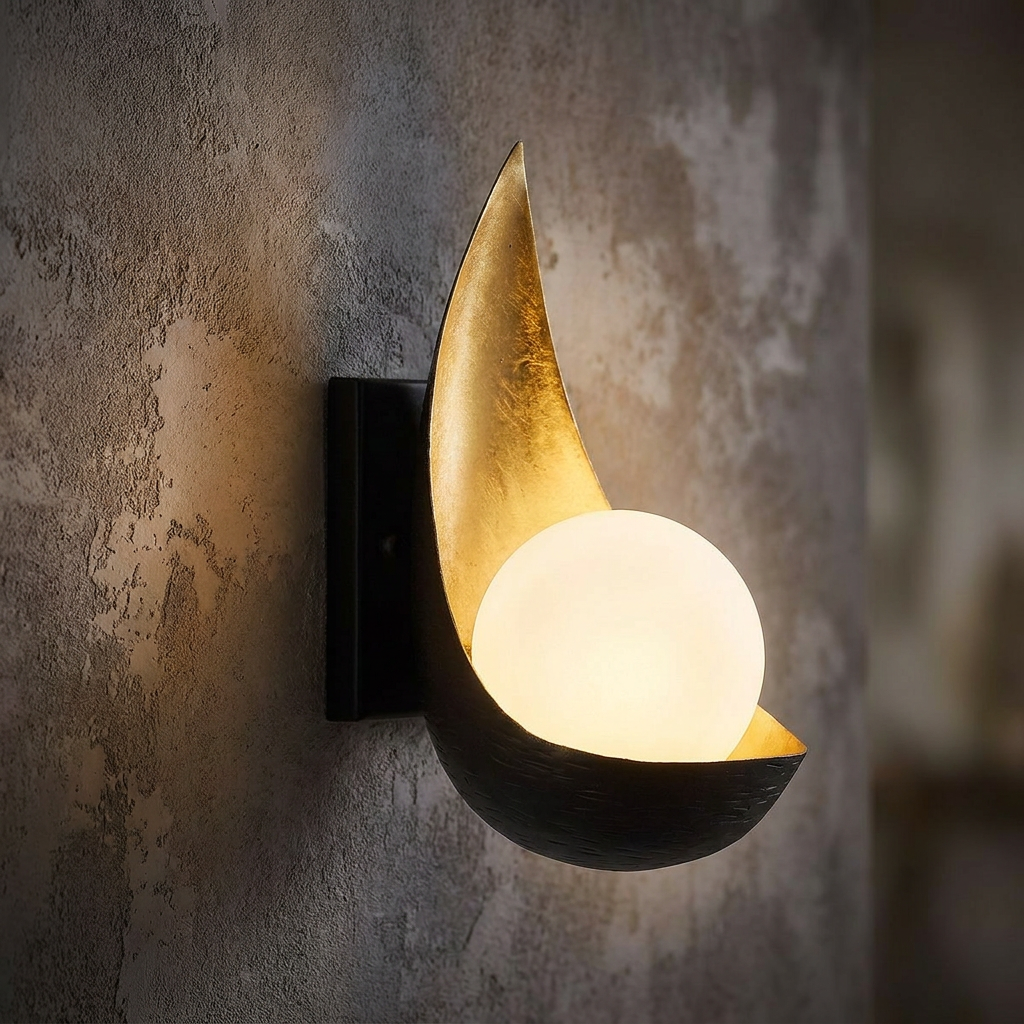 Modern black and gold leaf wall light with a glowing opal glass orb mounted on a textured grey wall.