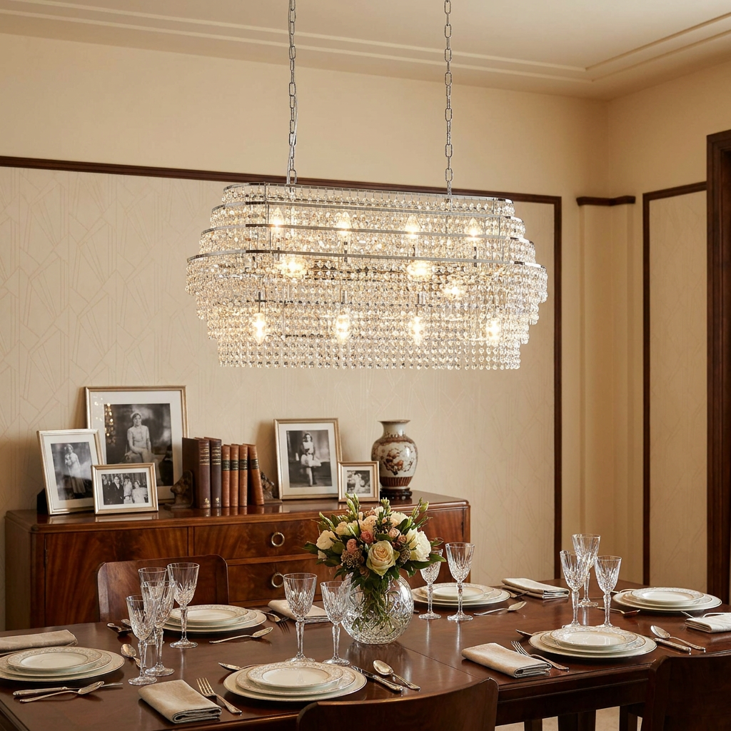 Rectangular 12-light chrome crystal chandelier hanging over a formal dining room table with elegant place settings.