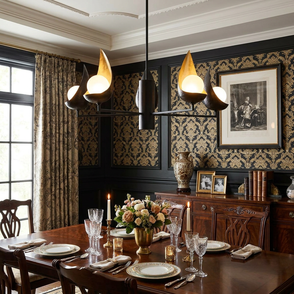 A Ren 5-light black and gold chandelier hangs over an elegantly set wooden dining table in a dark, ornate room.