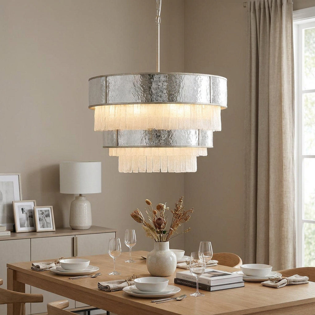 A tiered gold and frosted glass pendant light hanging above a minimalist dining table set for a meal.