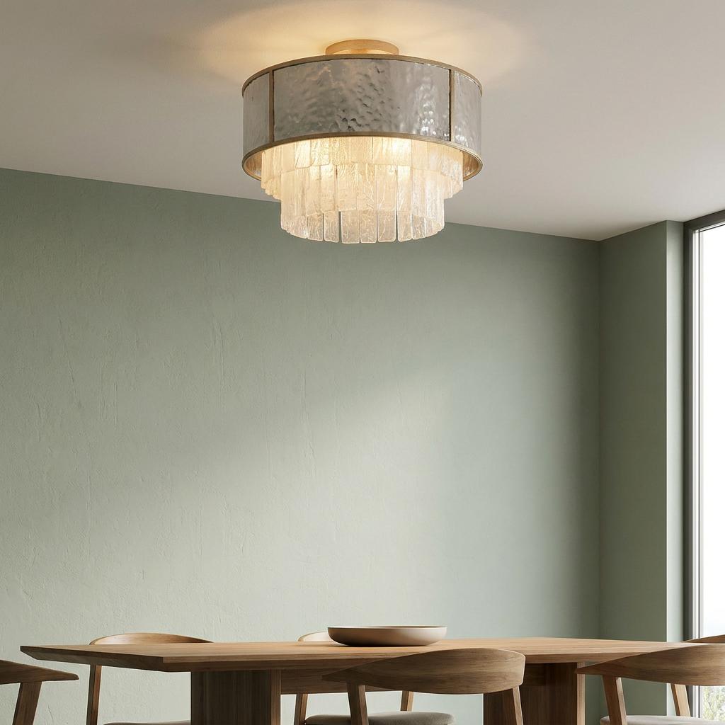 Reverie 4-light gold semi-flush ceiling light with tiered glass rods over a wooden dining table in a green room.