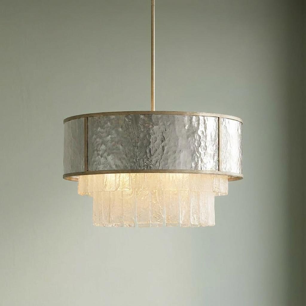 Tiered pendant light featuring a hammered metal drum and translucent glass rectangles against a sage green wall.