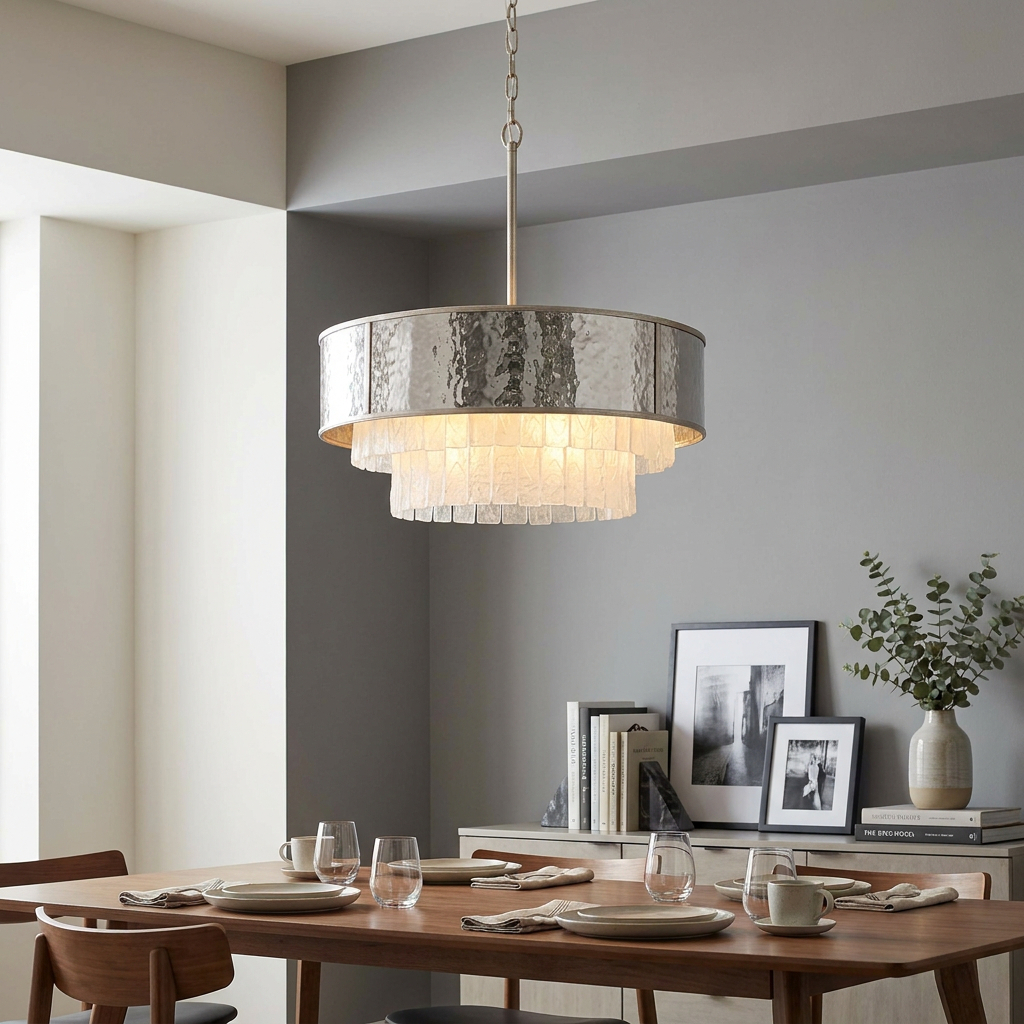 Modern pendant light with a hammered metal drum and tiered frosted glass over a set dining table.