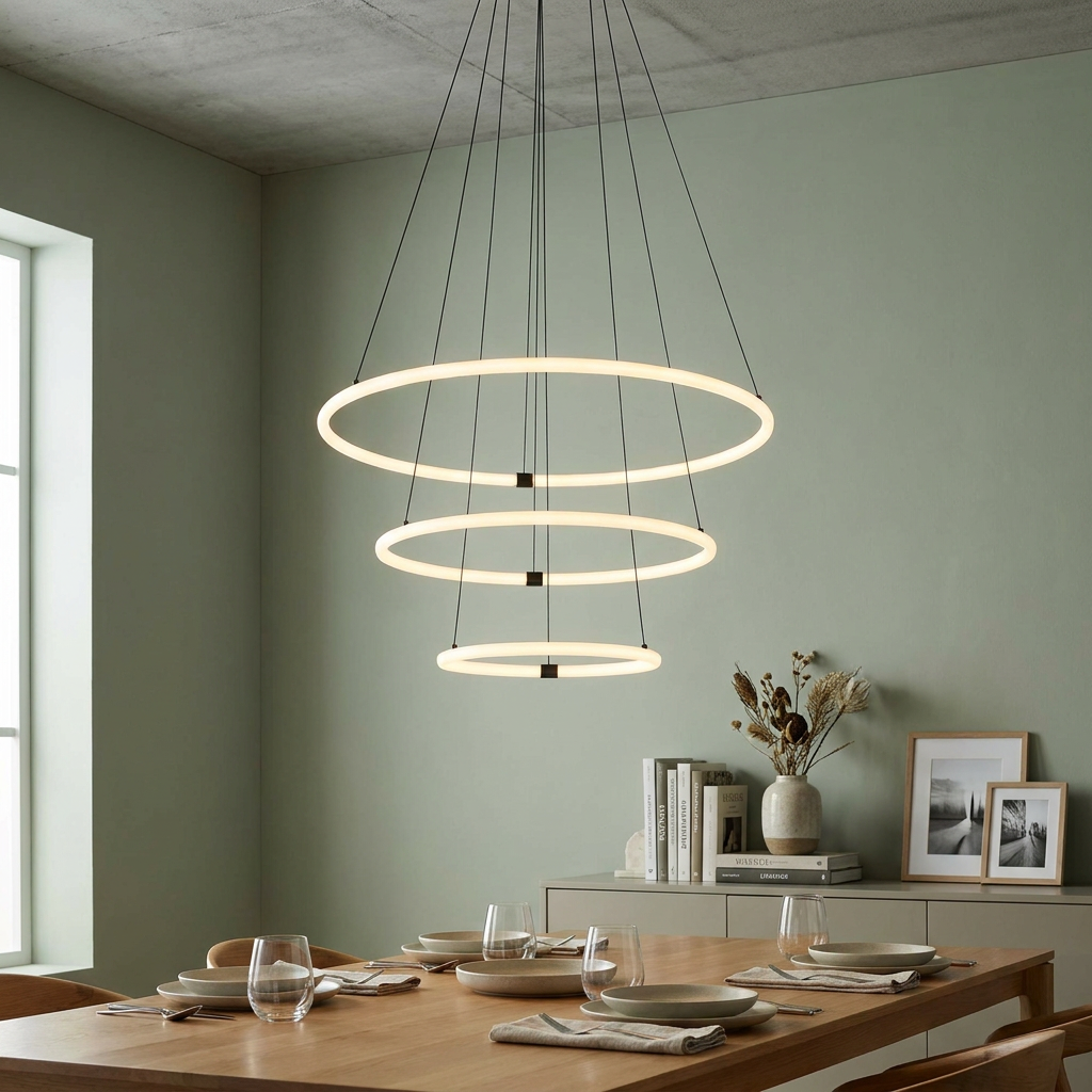 Three-tier opal LED ring pendant light suspended above a wooden dining table in a contemporary sage green room.