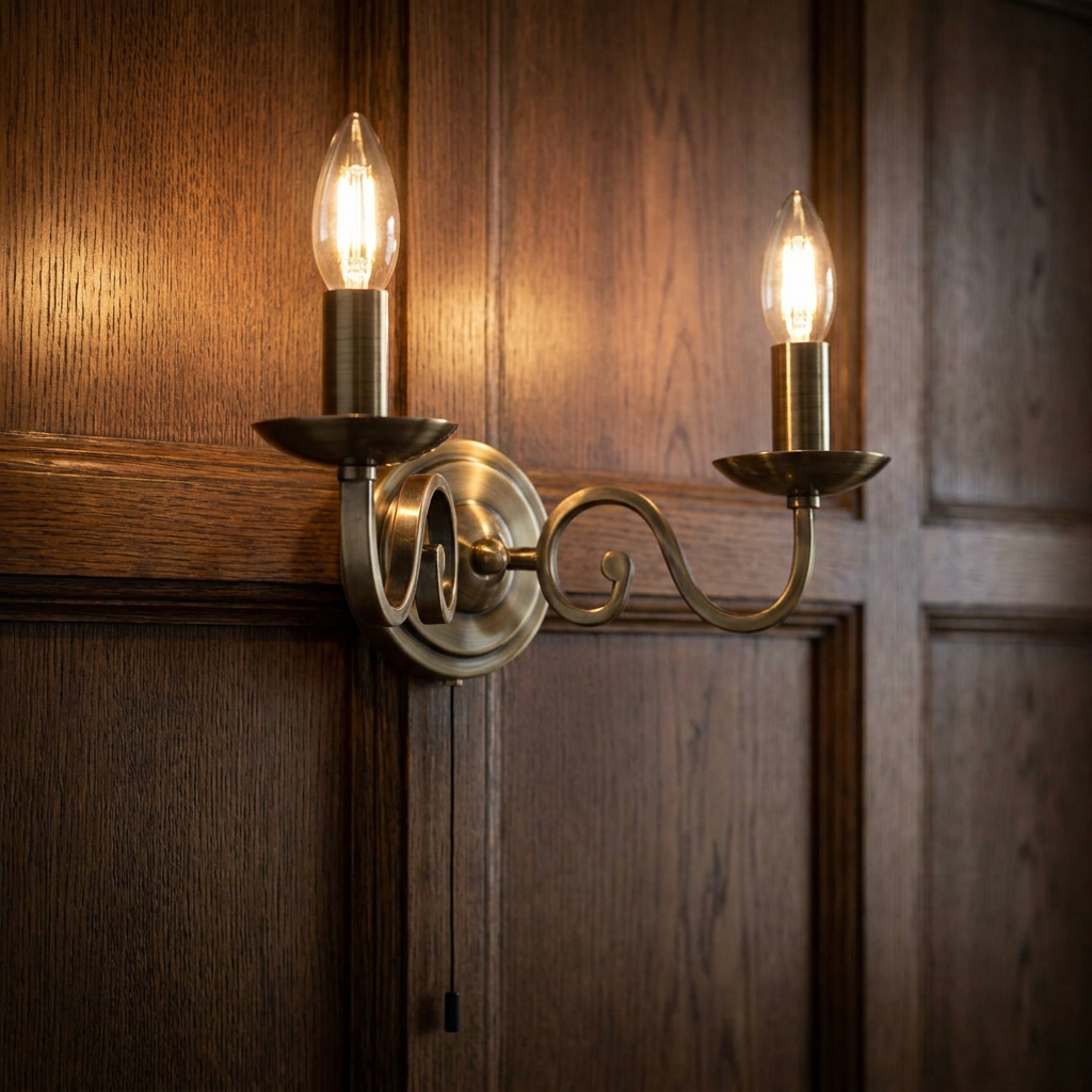 Richmond 2 Light Brass Scroll Arms Wall Light - Cord Pull-warehouse-180926