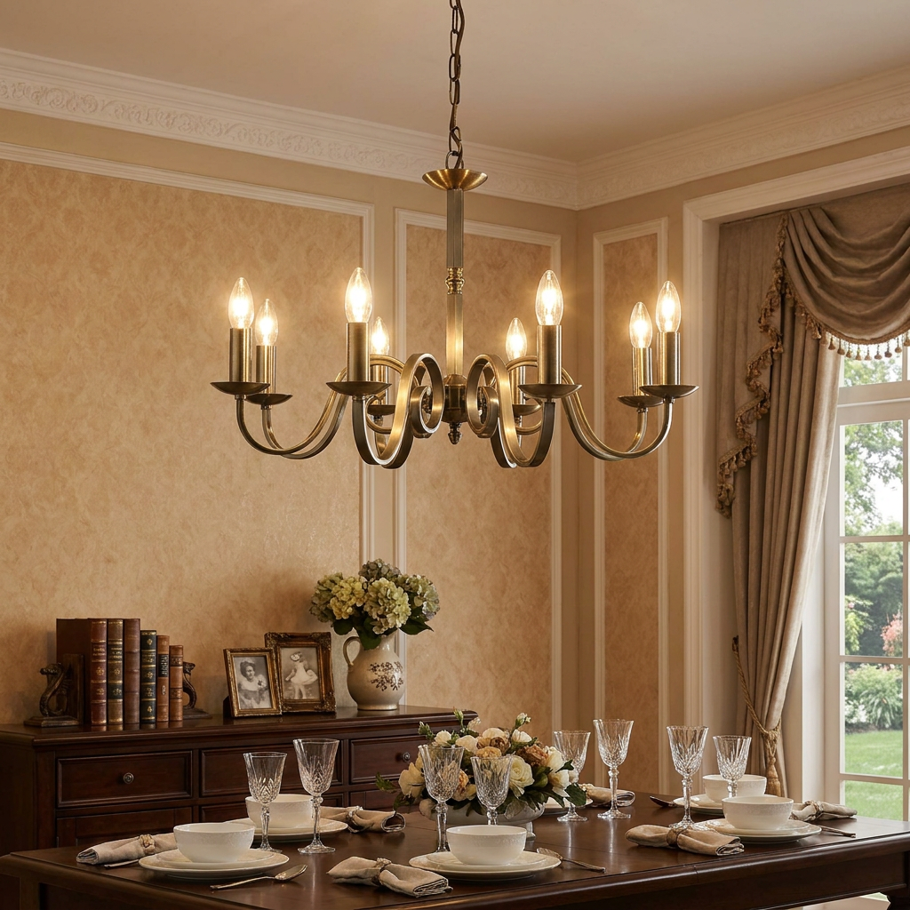 Richmond 8 Light Antique Brass Scroll Arm Chandelier illuminated over an elegant dining room table setting.