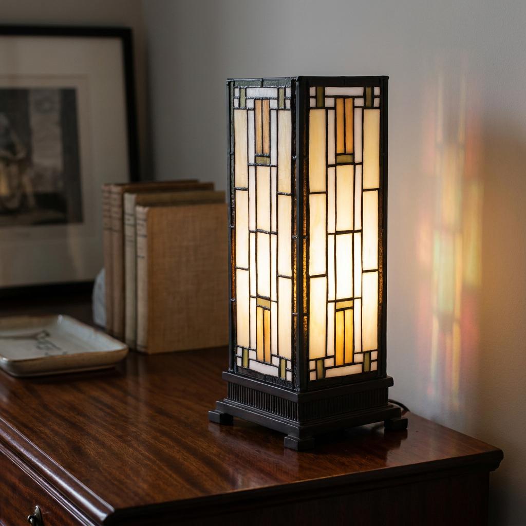 Richmond Tiffany Medium Square Table Lamp with geometric stained glass glowing on a dark wood dresser.