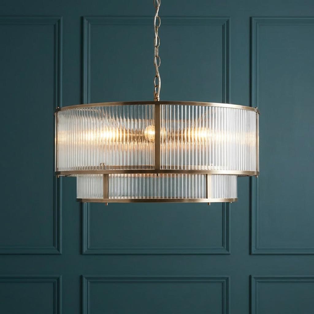 Tiered brass pendant with ribbed glass shades hanging against a teal paneled wall.
