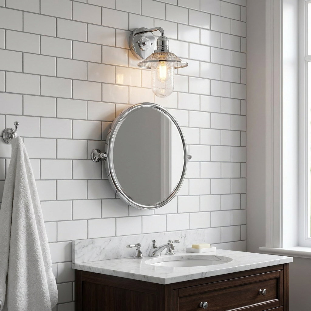 Rigby 1 Light Polished Chrome Bathroom Wall Light mounted above a round mirror on a white tiled bathroom wall.