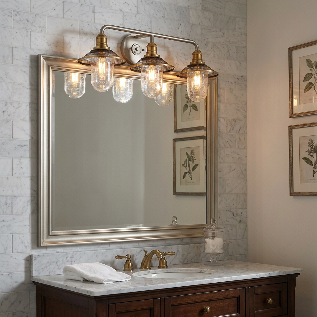 Rigby 3-light antique nickel wall fixture with mesh shades and seeded glass above a marble bathroom vanity mirror.