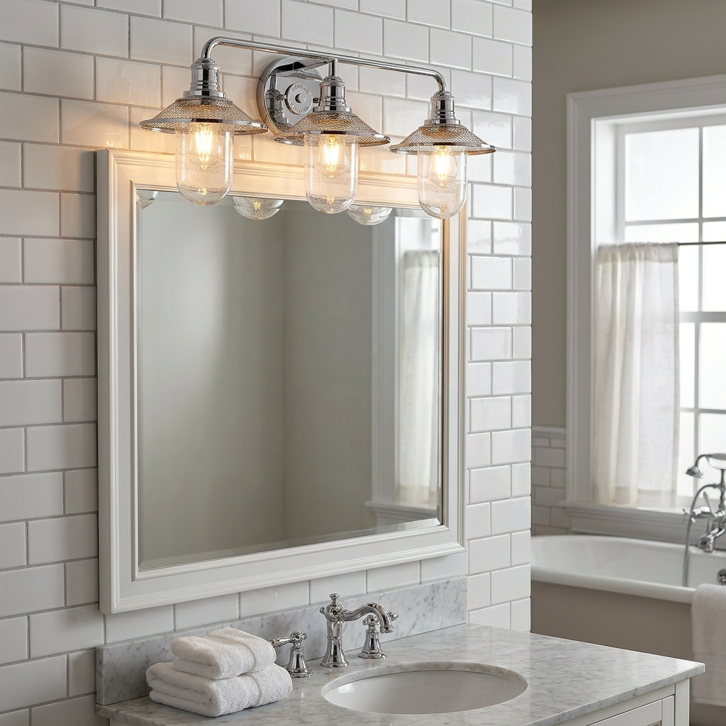 Rigby 3-light polished chrome wall light with mesh shades and glass globes mounted above a white framed mirror.