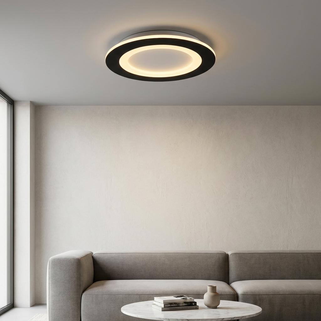 Modern matt black circular flush-mount ceiling light glowing in a minimalist living room.