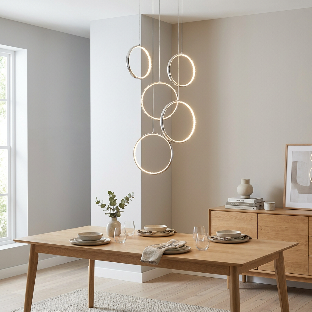 Rings 6 light LED multi-drop chrome pendant hanging above a wooden dining table in a modern room.