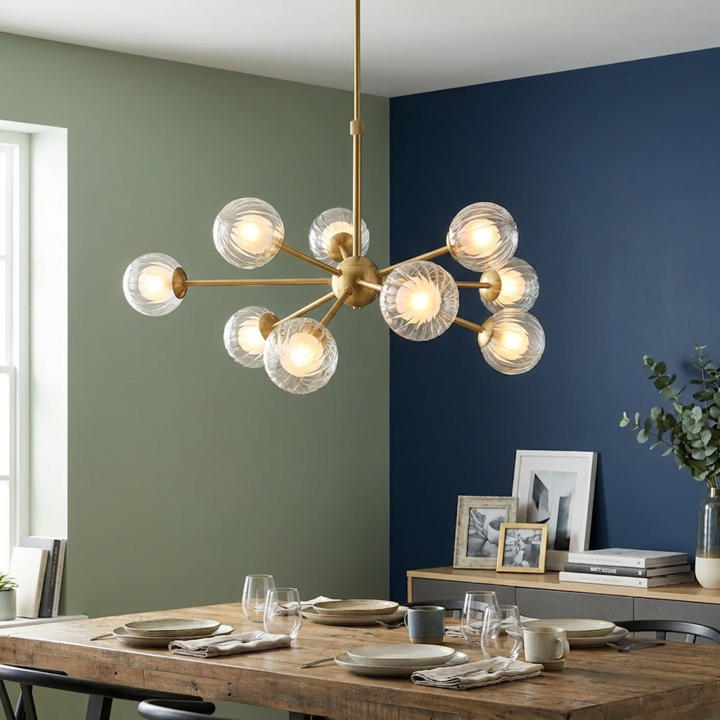 9-light brass pendant with ribbed glass globes over a dining table against a green and blue wall.