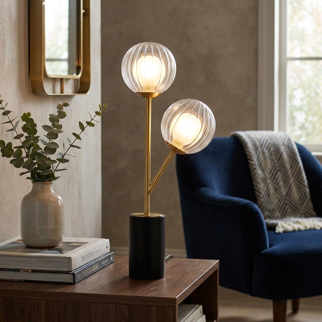 Riviera Art Deco 2-light brass table lamp with ribbed glass globes on a wooden table beside a blue armchair.