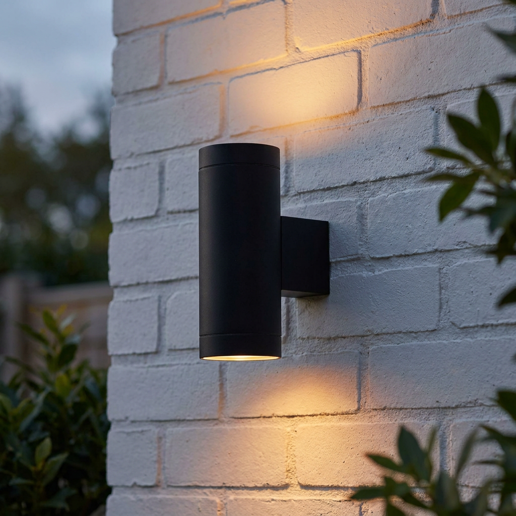 Black cylindrical up and down outdoor wall light illuminating a white brick wall with a warm glow.