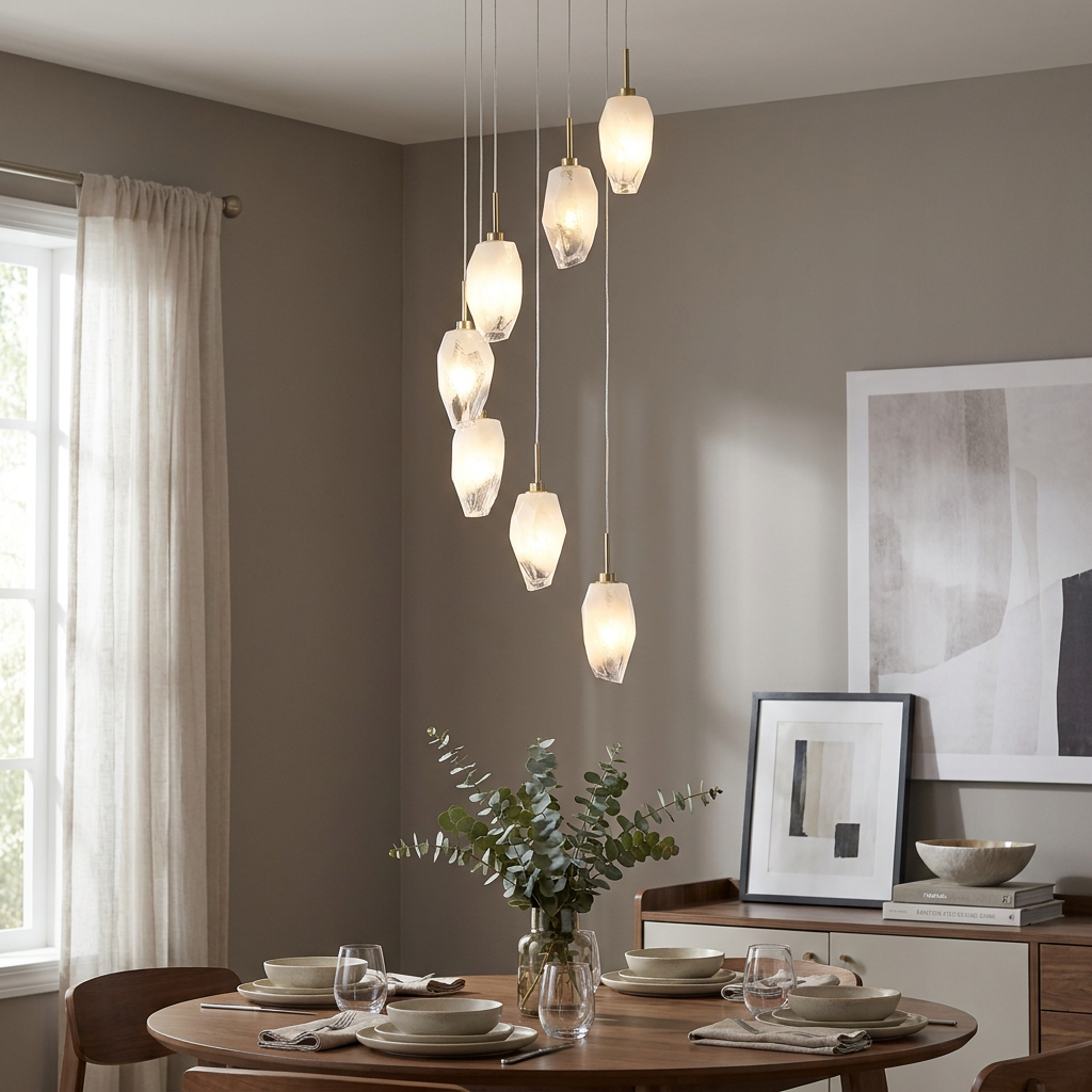 Seven-light satin brass multi-drop chandelier with textured glass shades over a modern dining room table.