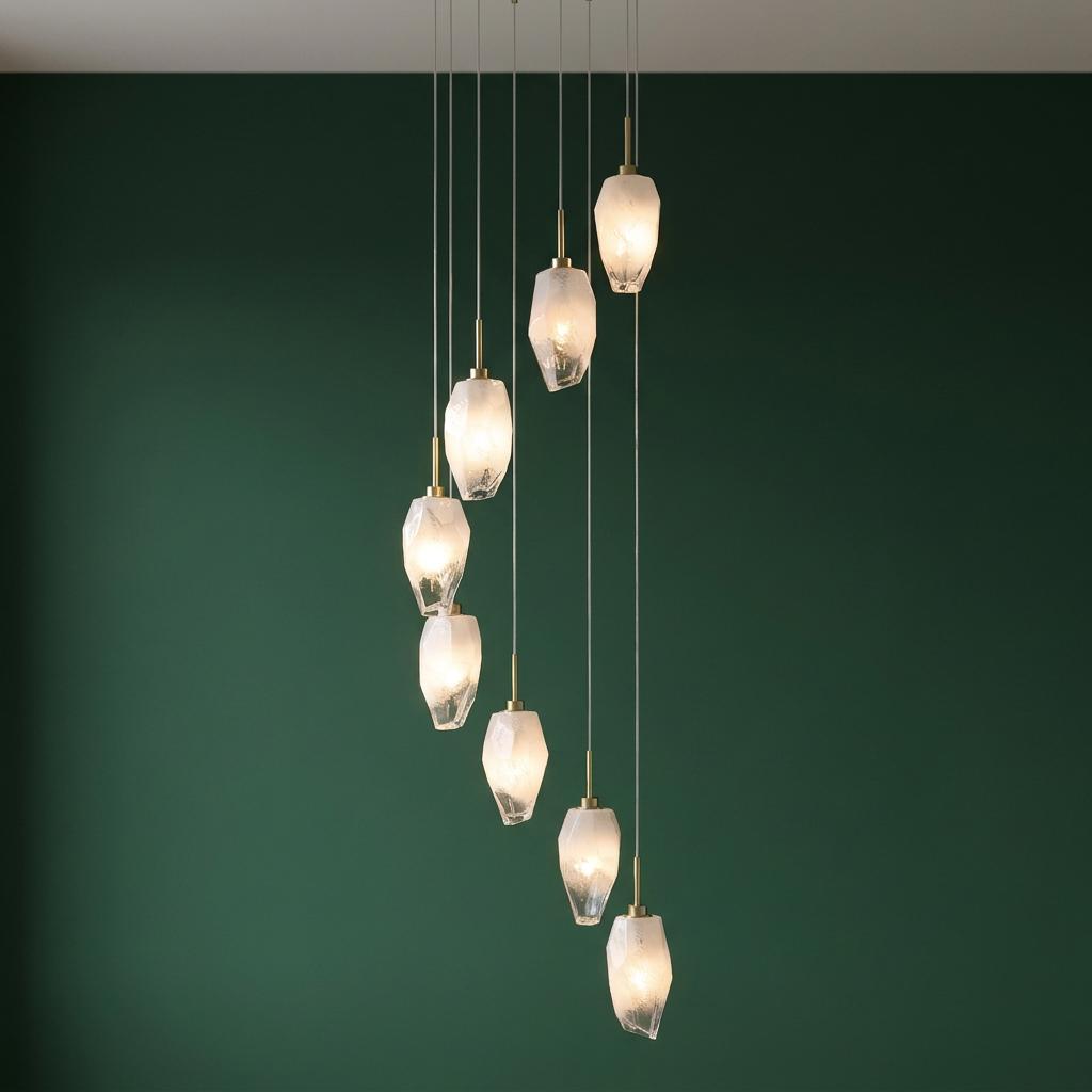 A multi-drop chandelier with eight glowing frosted glass shades of various shapes against a dark green wall.