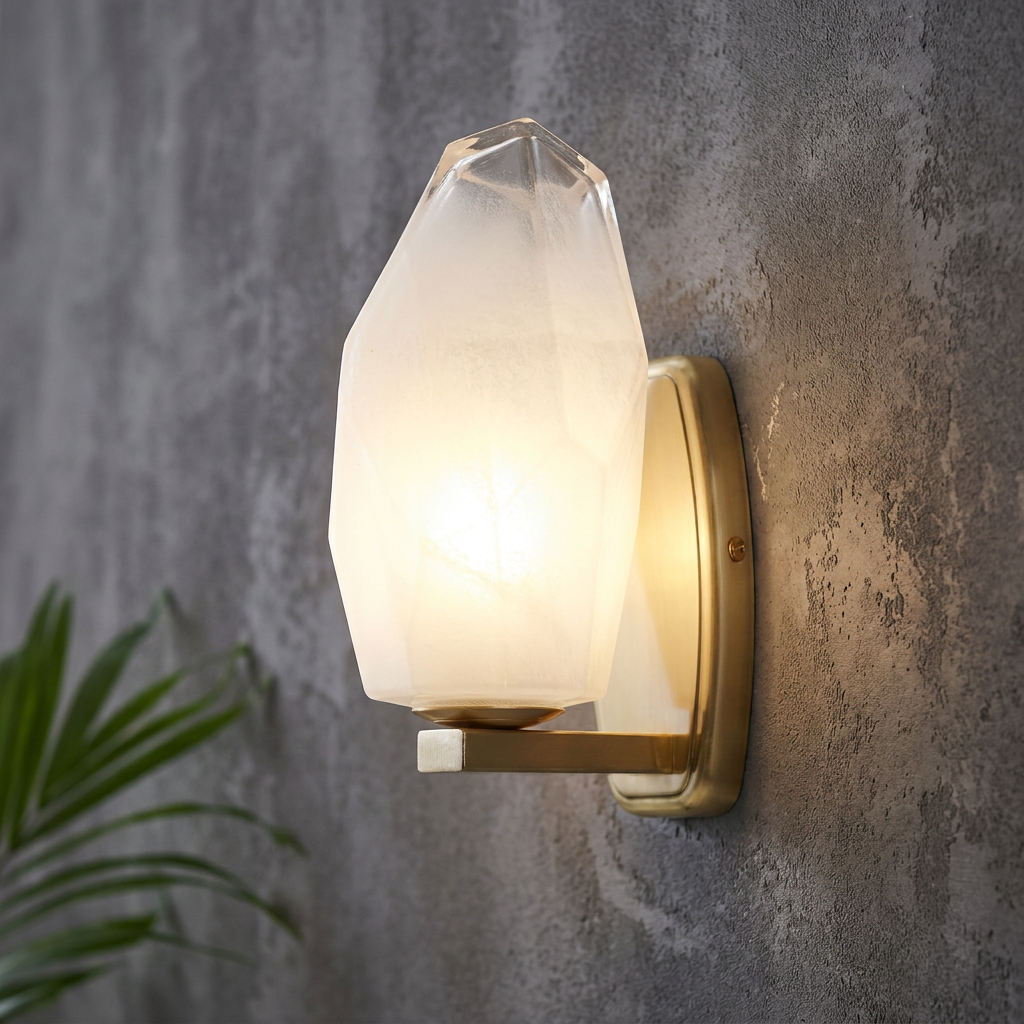 Lit Rocky wall light featuring a textured frosted glass shade and satin brass base on a grey concrete wall.