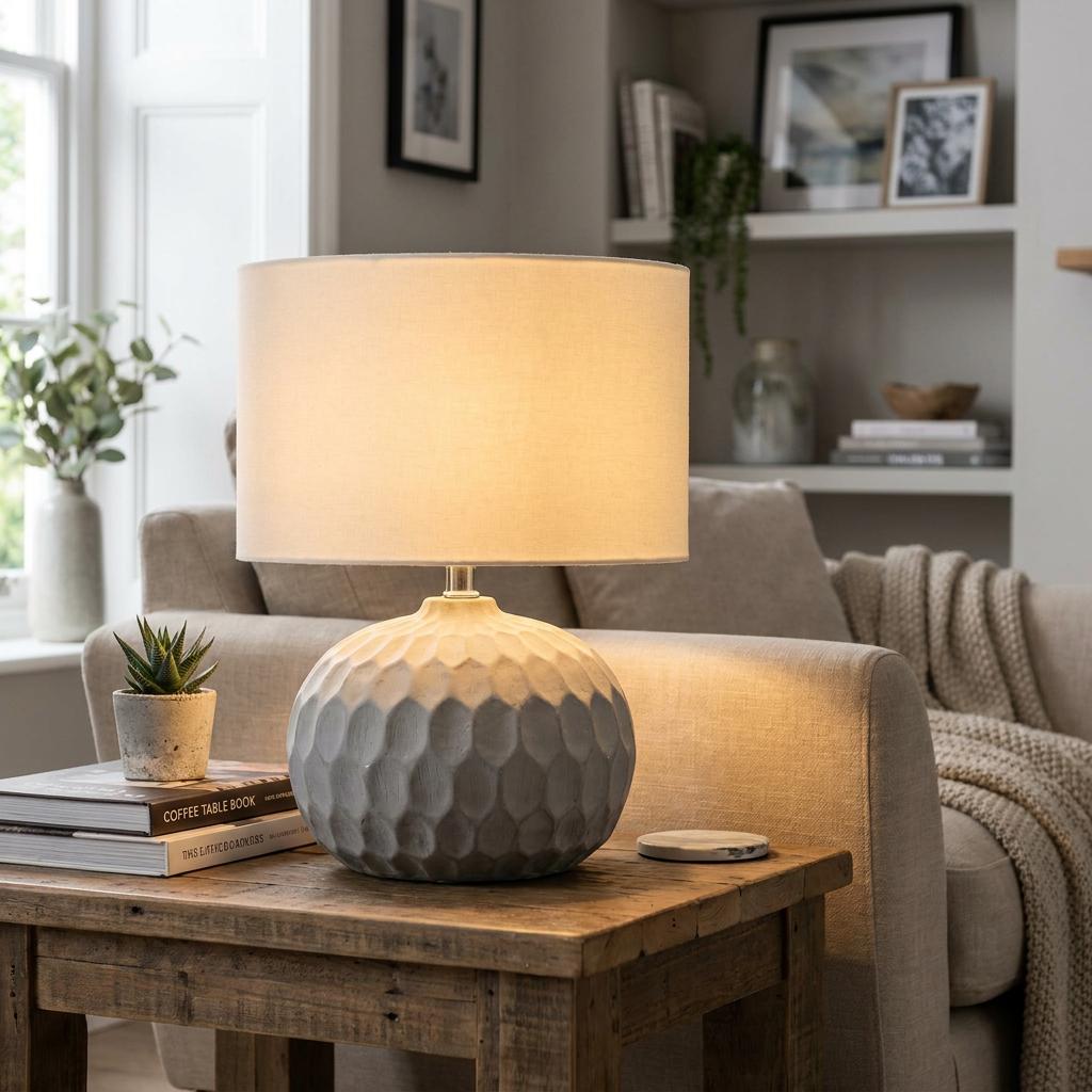 Textured soft grey ceramic table lamp with a lit drum shade on a wooden side table in a cozy living room.