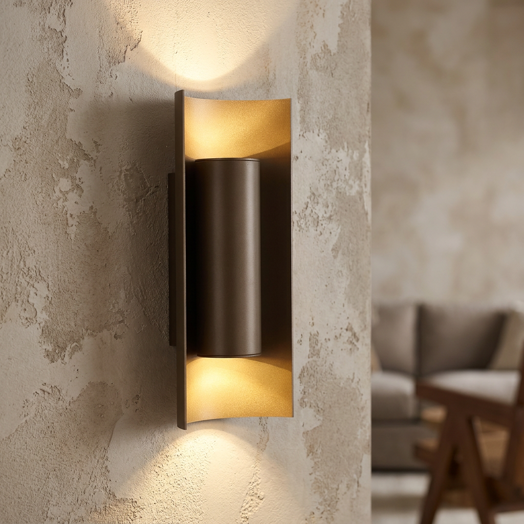 Modern latte metal cylindrical wall light casting warm up and down light on a textured plaster wall.