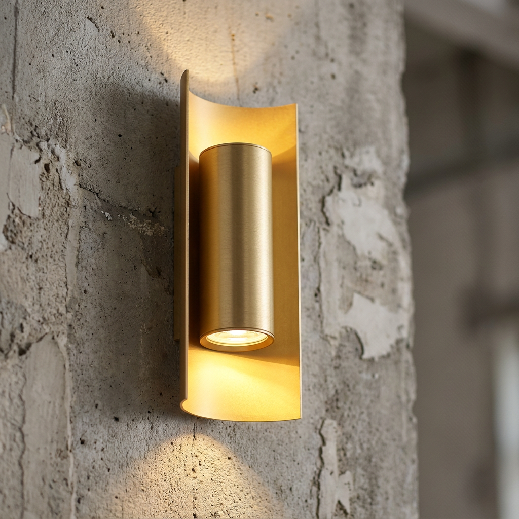 Cylindrical gold metal wall sconce casting warm up-and-down light on a textured concrete wall.