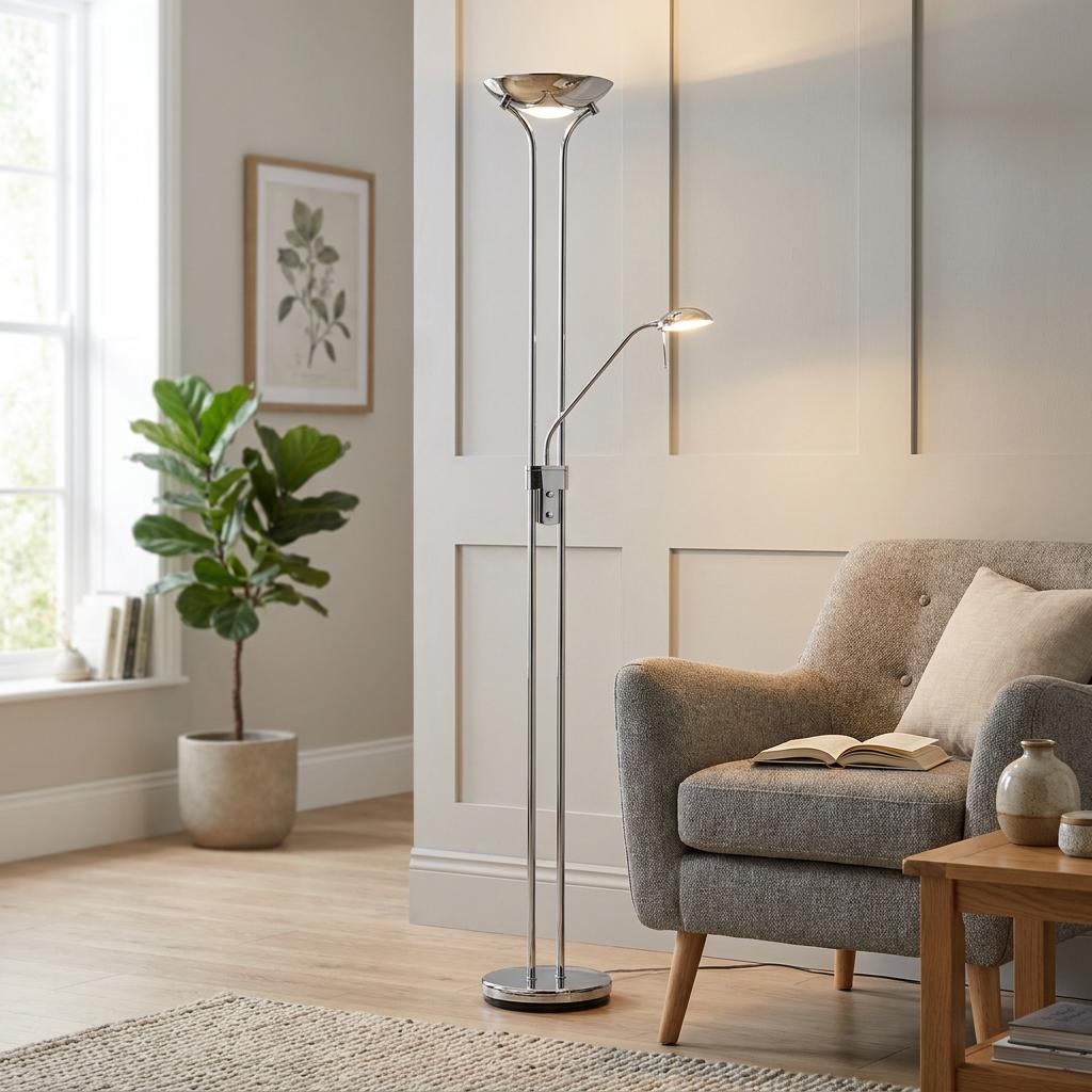 Modern chrome mother and child floor lamp illuminating a cozy living room with a grey armchair and potted plant.