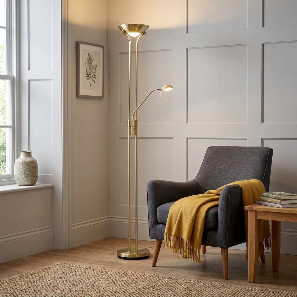 Rome Satin Brass Mother & Child Floor Lamp next to a grey armchair with a yellow throw in a living room.