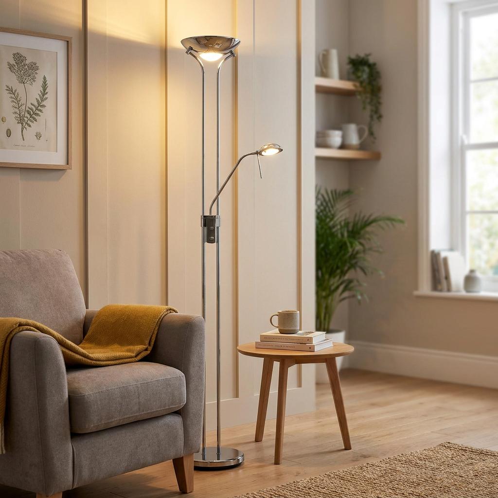 Rome Satin Chrome Mother & Child Floor Reading Lamp next to an armchair in a cozy living room setting.