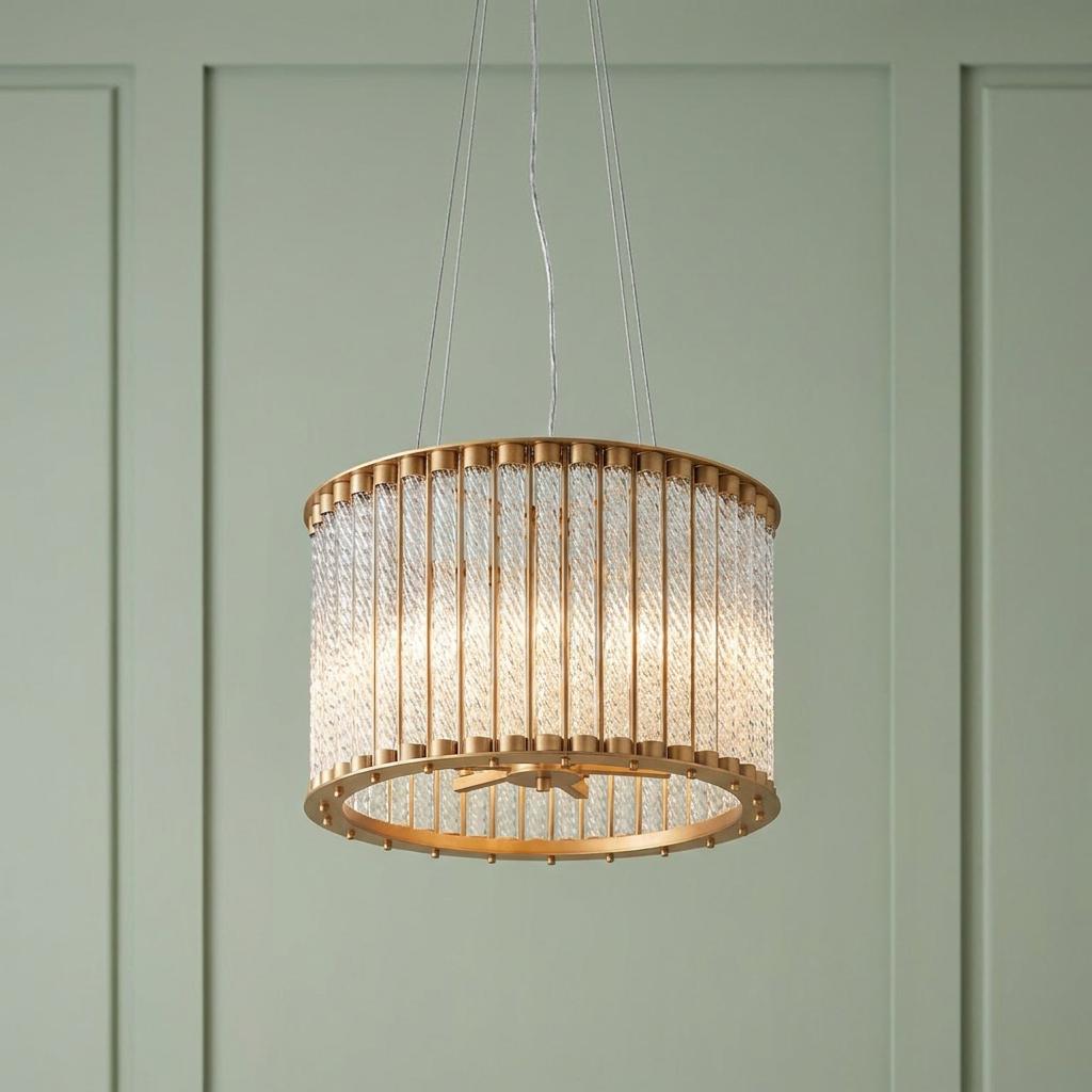 Romola 6-light gold pendant with textured glass tubes, hanging against a soft green paneled wall.