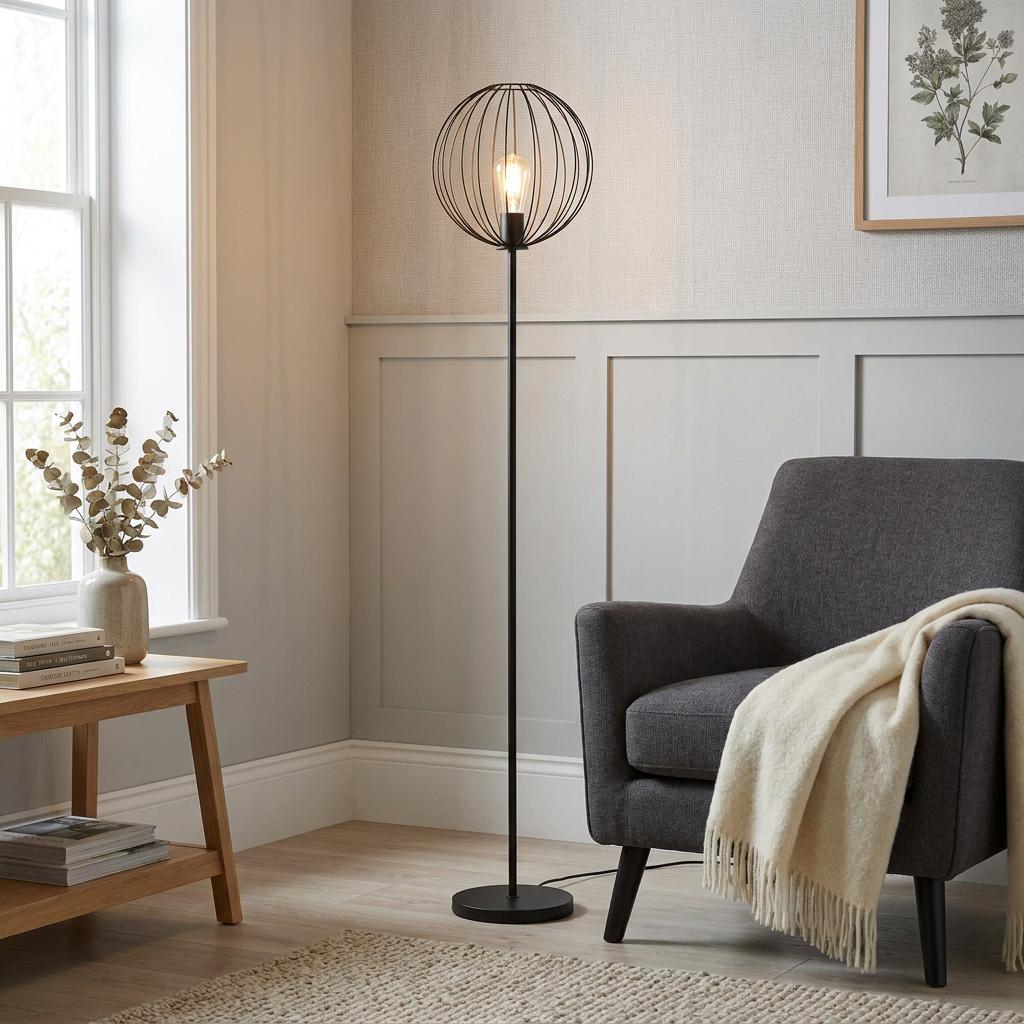 Black metal floor lamp with a spherical wire frame shade standing next to a grey armchair in a modern living room.