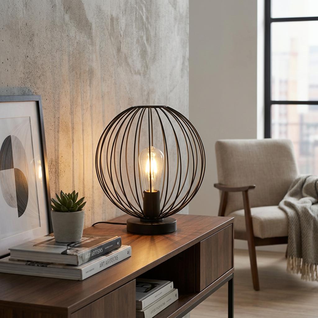 Black metal wire cage table lamp with a glowing Edison bulb on a wooden sideboard in a modern living room.